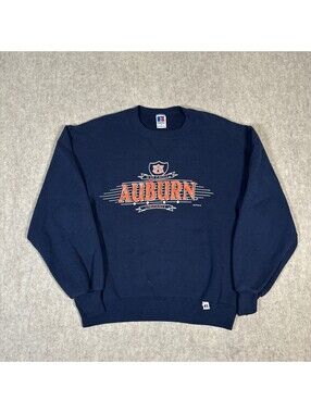 VTG Auburn University Tigers Sweatshirt Medium Russell Navy Blue USA (Stains)